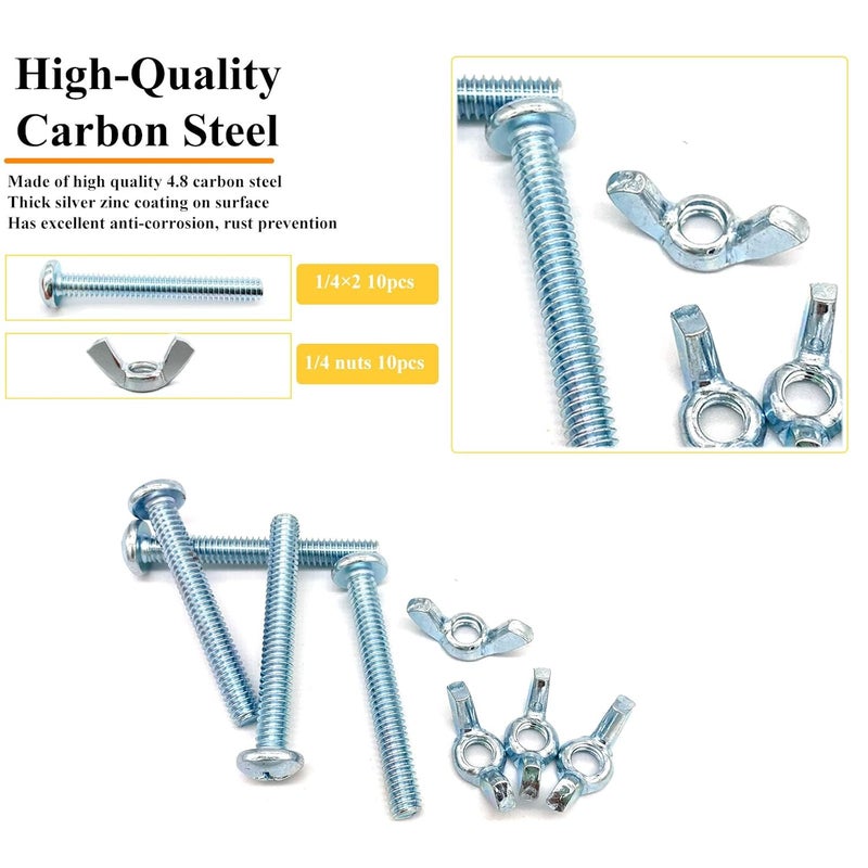 Matrelt 20Pack 1/4"-20 x2 Screw Bolts and Wing Nut Kit 10pcs Machine Screws with Round Head Phillips 10pcs Butterfly Hand Twist Tighten Nut Zinc Plated Hardware Fitting Fastenings Assortment Kit - Image 3
